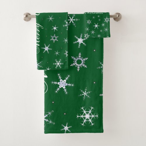 Merry Christmas Green Snowflakes Bath Towel Set