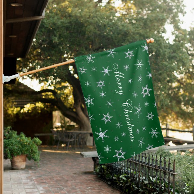 Merry Christmas Green Snowflakes House Flag (In SItu)