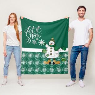 Merry Christmas Green Snowman Fleece Blanket