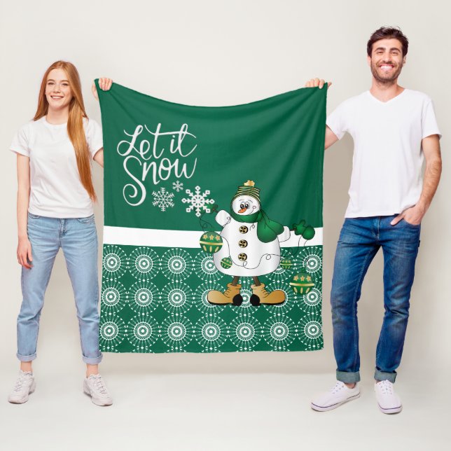 Merry Christmas Green Snowman Fleece Blanket (In Situ)