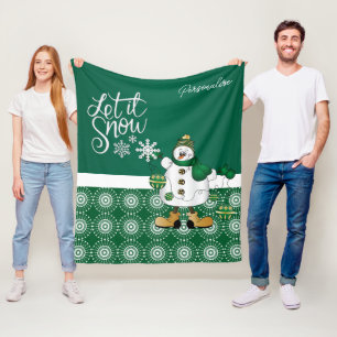 Merry Christmas Green Snowman Fleece Blanket