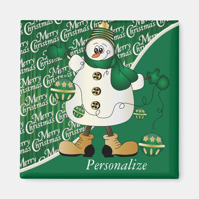 Merry Christmas Green Snowman Magnet (Front)