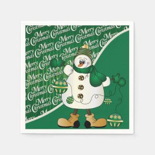 Merry Christmas Green Snowman Paper Napkins