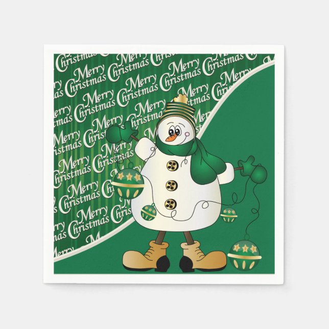 Merry Christmas Green Snowman Paper Napkins (Front)