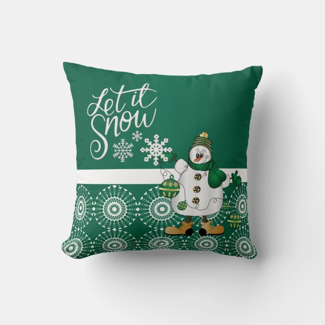 Merry Christmas Green Snowman Throw Pillow (Front)