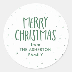 Merry Christmas green stars dots personalized gift Classic Round Sticker
