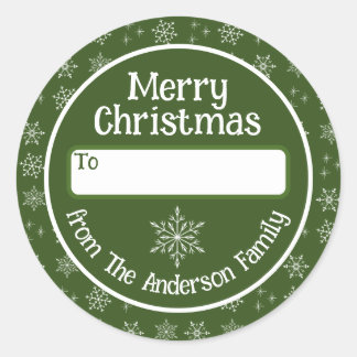 Merry Christmas Green Sticker with Snowflakes