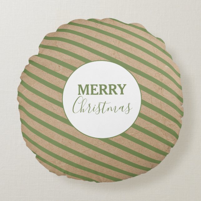 Merry Christmas Green Stripes Kraft Rustic  Round Pillow (Front)