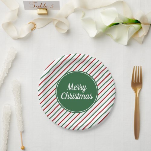Merry Christmas Green Stripes Paper Plates