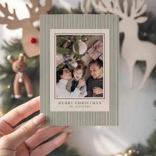 Merry Christmas Green Stripes Photo Personalized Holiday Card
