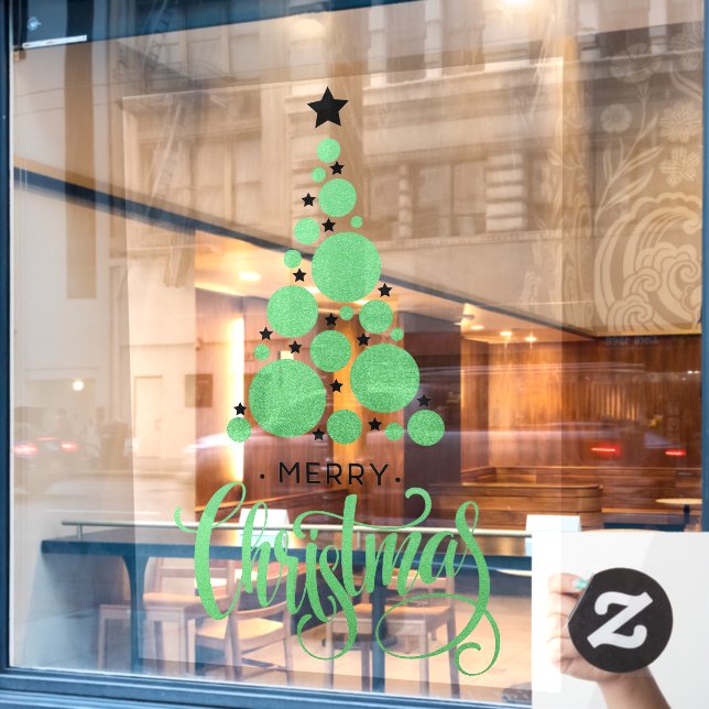 Merry Christmas Green Tree Stars Holiday Window Cling (Cafe Window)