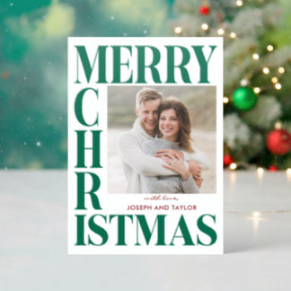 Merry Christmas Green Typography Square Photo Letterpress Photo Cards
