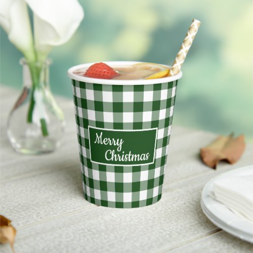 Merry Christmas Green White Buffalo Check Party Paper Cups