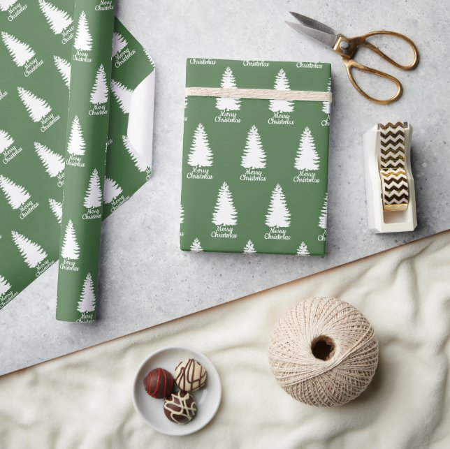 Merry Christmas Green & White Christmas Tree Wrapping Paper (Crafts)