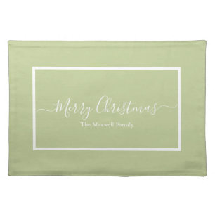 Merry Christmas green white family name  Cloth Placemat
