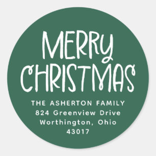 Merry Christmas green white holiday return address Classic Round Sticker