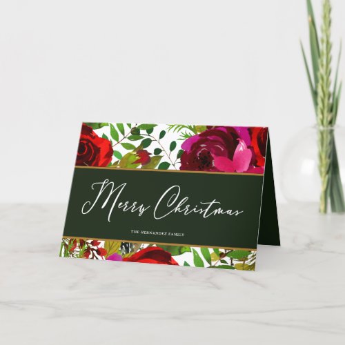 Merry Christmas Green White Script Floral Holiday Card
