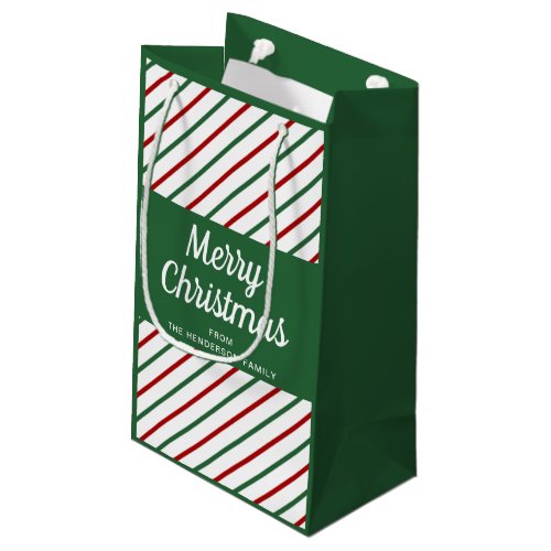 Merry Christmas Green White Striped Small Gift Bag