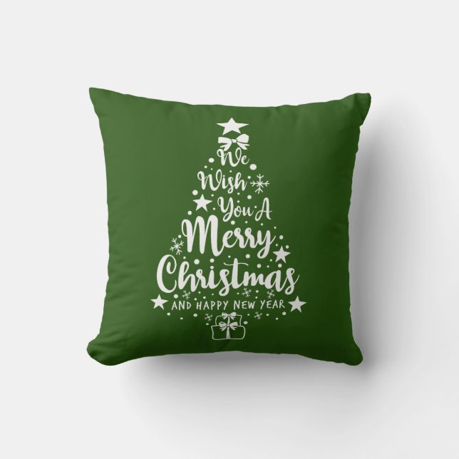 Merry Christmas Green White Throw Pillow (Front)