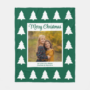 Merry Christmas Green White Trees Photo Fleece Blanket