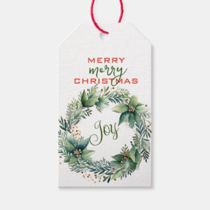 Merry Christmas Green Wreath Joy Gift Tags