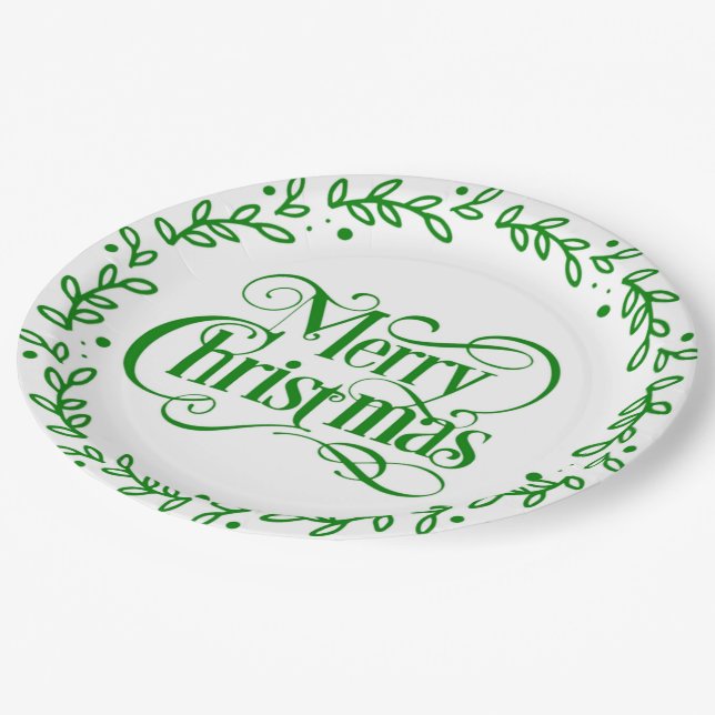 MERRY CHRISTMAS GREEN WREATH PAPER PLATES (Angled)