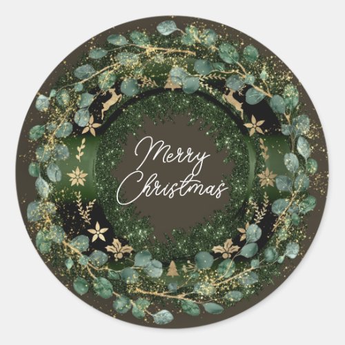 Merry Christmas Green Wreath Winter Gold Woodland Classic Round Sticker