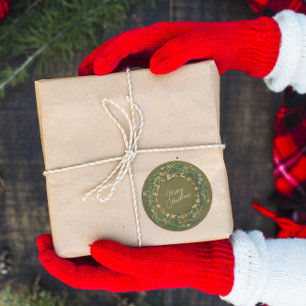 Merry Christmas Green Wreath Woodland Wood Mustard Classic Round Sticker