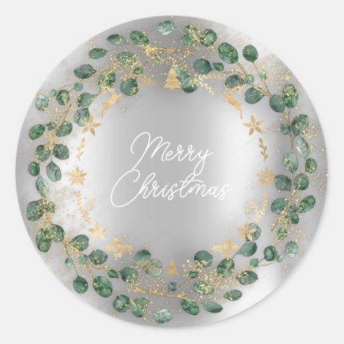 Merry Christmas Green Wreath Woodland Wood Silver Classic Round Sticker