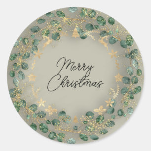 Merry Christmas Green Wreath Woodland Wood Smoky Classic Round Sticker