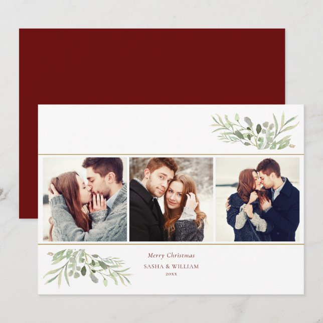Merry Christmas Greenery 3 Photo Collage Holiday Card (Front/Back)