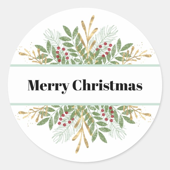 Merry Christmas Greenery and Berries Classic Round Sticker (Front)