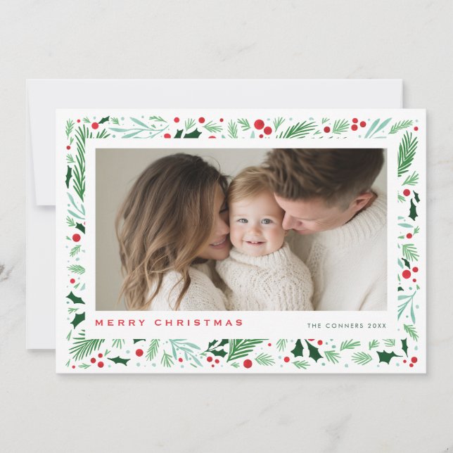Merry Christmas Greenery and berry Holiday Design Card (Front)