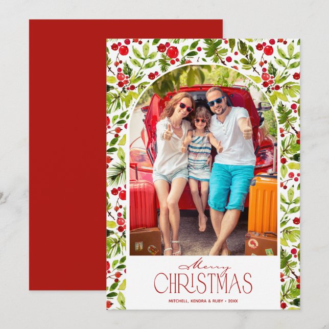 Merry Christmas Greenery and Holly Photo Holiday Card (Front/Back)