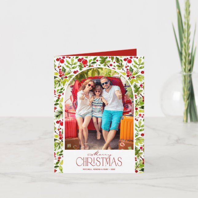 Merry Christmas Greenery and Holly Photo Holiday Card (Front)