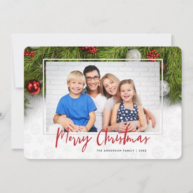Merry Christmas | Greenery and ornaments 3 photo Holiday Card (Front)