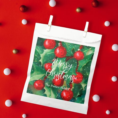 Merry Christmas Greenery and Red Berries Favor Bag