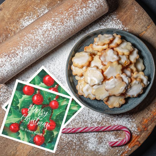 Merry Christmas Greenery And Red Berries Napkins