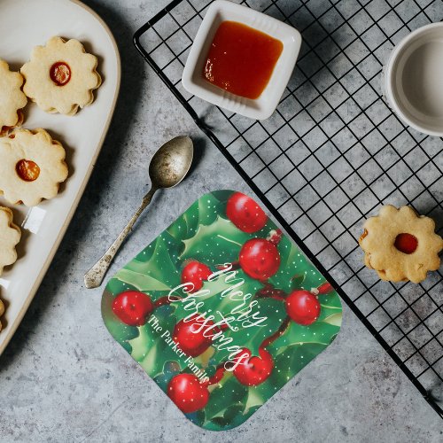 Merry Christmas Greenery And Red Berries Paper Plates