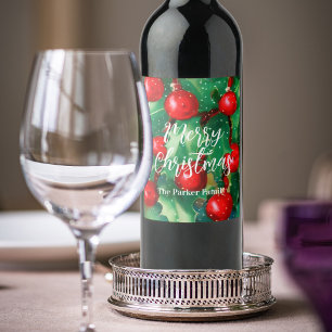 Merry Christmas Greenery And Red Berries Wine Label
