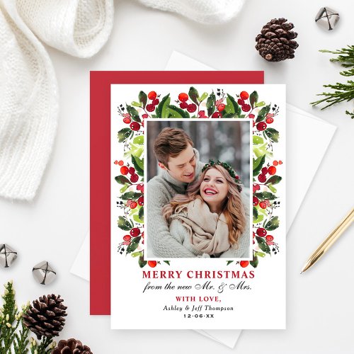 Merry Christmas Greenery Berries Wedding Photo Holiday Card