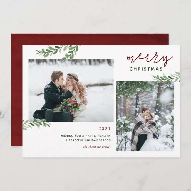 Merry Christmas | Greenery Branches 2 Photo Holiday Card