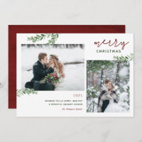 Merry Christmas | Greenery Branches 2 Photo Holiday Card