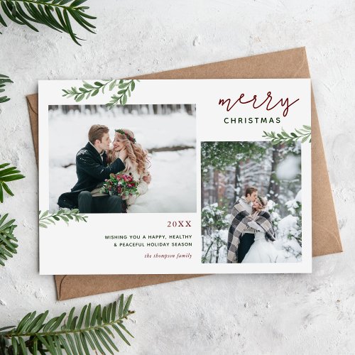 Merry Christmas  Greenery Branches 2 Photo Holiday Card