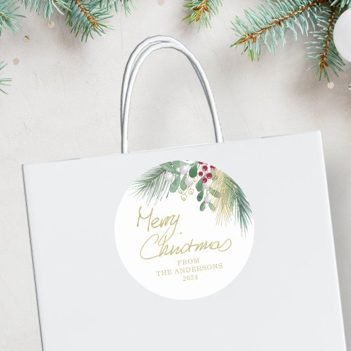 Merry Christmas Greenery Classic Round Sticker