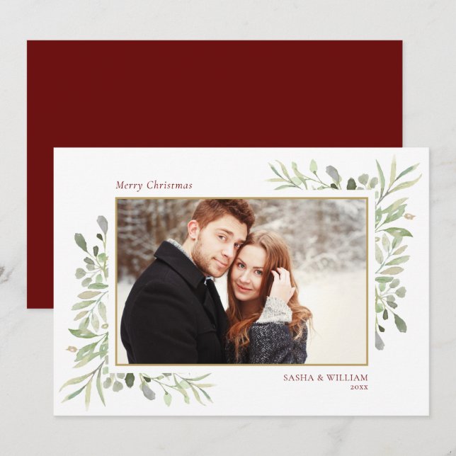 Merry Christmas Greenery Couple Photo Holiday Card (Front/Back)
