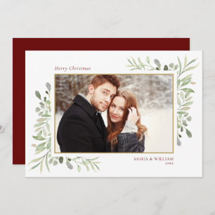Merry Christmas Greenery Couple Photo Holiday Card