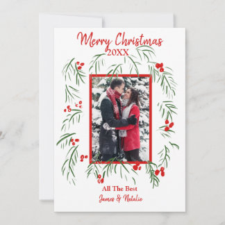 Merry Christmas Greenery Custom Photo Flat Card