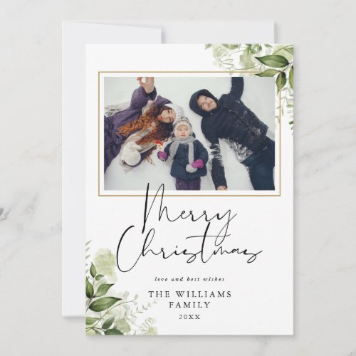 Merry Christmas Greenery Floral Gold Photo Holiday Card