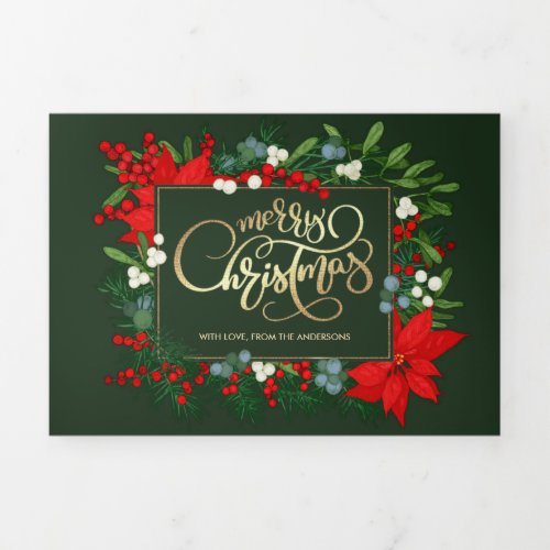 Merry Christmas Greenery Floral Multi Photo Tri_Fold Card